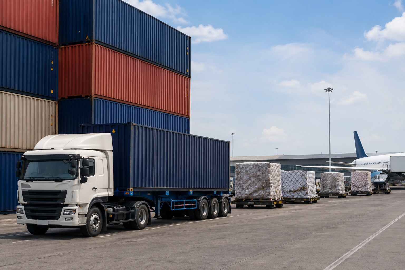 Organised freight terminal with containers and cargo operations